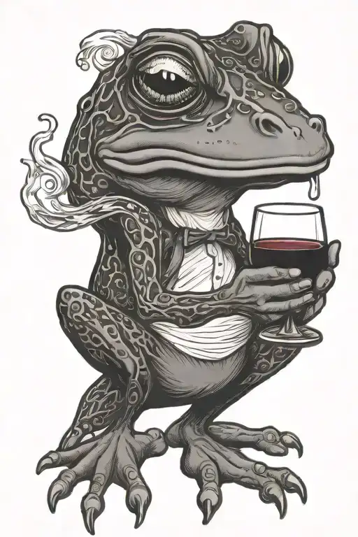 bullfrog drinking wine and smoking tattoo design idea
