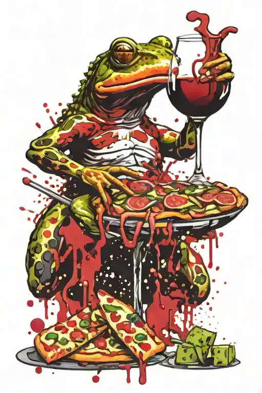 bullfrog drinking wine glass and pizza tattoo design idea