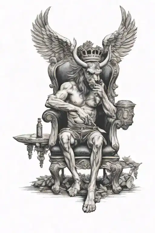 angel holding a crown, chair, bush knife, warthog head tattoo design idea