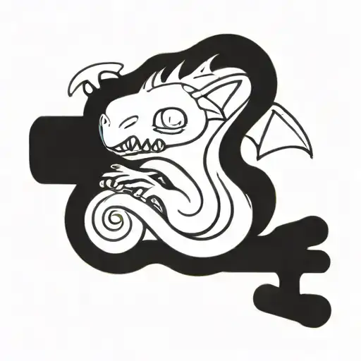 Dragon curled around a skateboard in a dark cave with glowing eyes tattoo design idea