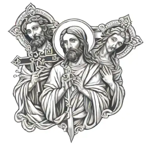 saint jude, jesus and virgin mary holding cross made tattoo design idea