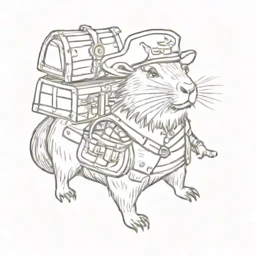 Capybara dressed as a pirate with a treasure chest, in a whimsical sketch style tattoo design idea