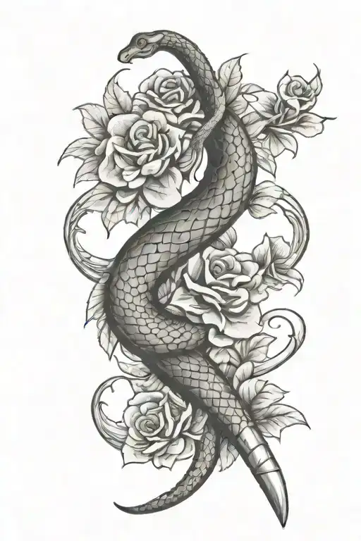 snake wrapped around dagger with flowers tattoo design idea