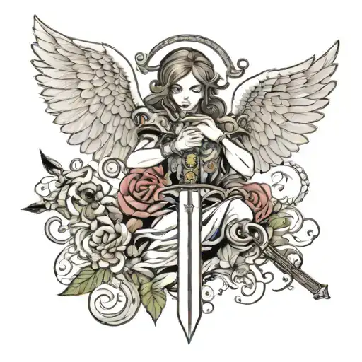 I want a shoulder tattoo, in that tattoo I want there to be 2 angels, and one of them have a sword tattoo design idea