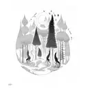 A mystical forest scene with eerie creatures inspired by horror games, incorporating subtle musical notes in the background tattoo design idea