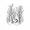A mystical forest scene with eerie creatures inspired by horror games, incorporating subtle musical notes in the background tattoo design idea