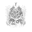 A mystical forest scene with eerie creatures inspired by horror games, incorporating subtle musical notes in the background tattoo design idea