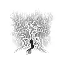 A mystical forest scene with eerie creatures inspired by horror games, incorporating subtle musical notes in the background tattoo design idea