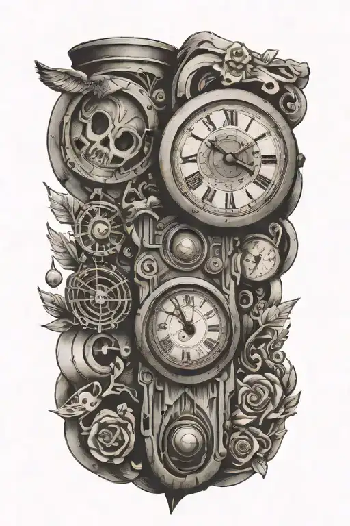 totem style tattoo incorporating love, music, friends, time, travel tattoo design idea