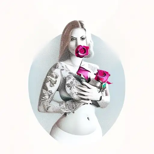 big breasted woman with roses tattoo design idea
