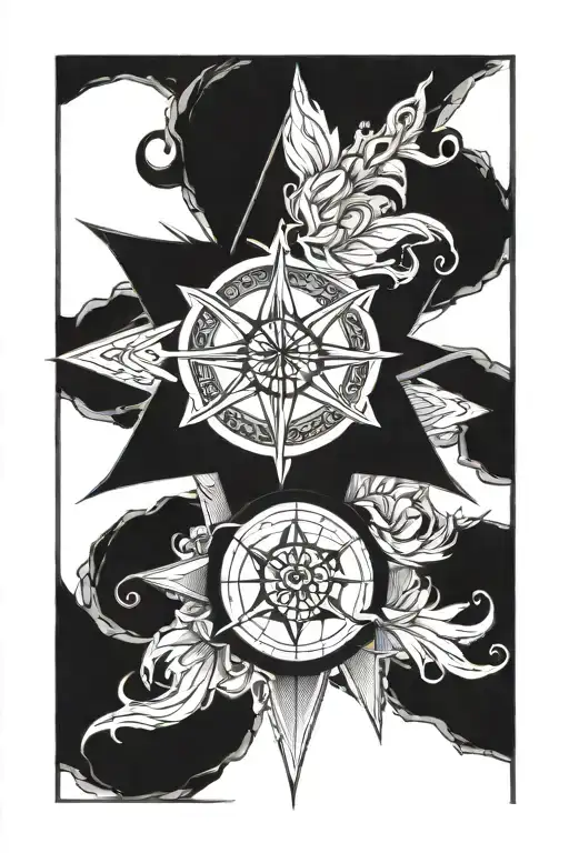 Wind rose in a sharp heart and next to the goddess Themis tattoo design idea