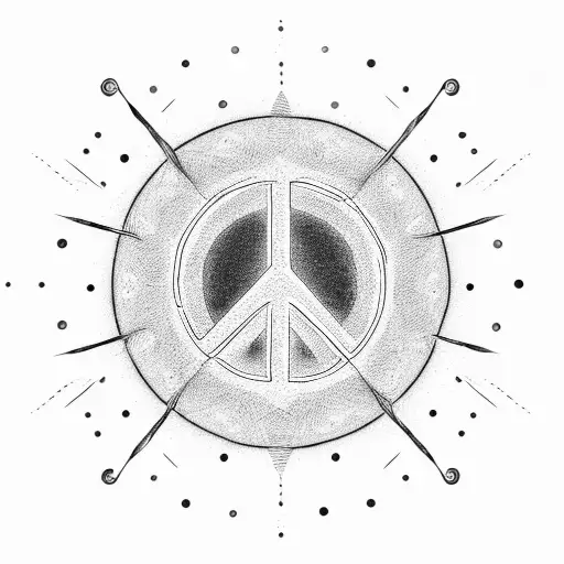 A peace sign formed by bass guitar strings with musical notes floating around it tattoo design idea