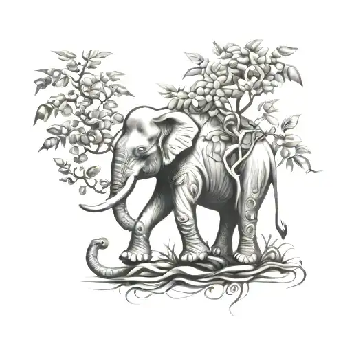 elephant and money tree growing tattoo design idea