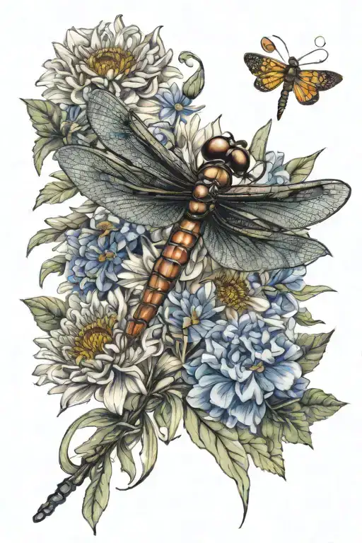 dragonfly inspecting a chrysanthemum flower surrounded by larkspur, narcissist, sweet pea, cosmo, honey suckle flowers tattoo design idea