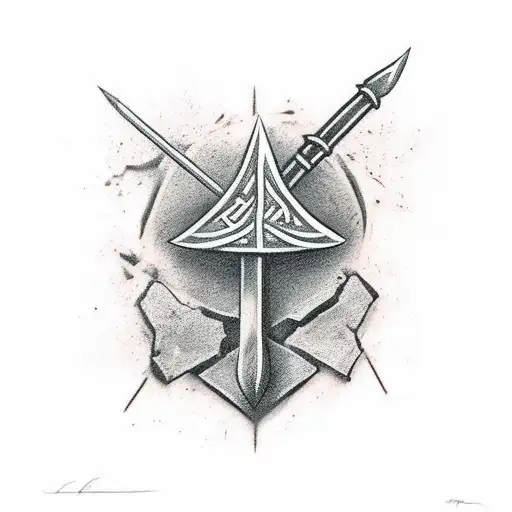 A spear piercing a brick wall adorned with the Gungnir rune. tattoo design idea