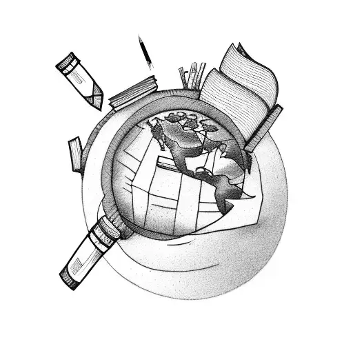 Design a tattoo of a teacher's desk with a stack of books, a globe, and a chalkboard tattoo design idea
