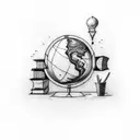 Design a tattoo of a teacher's desk with a stack of books, a globe, and a chalkboard tattoo design idea