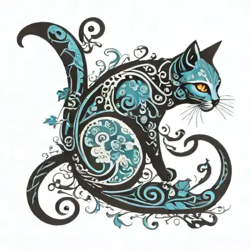 Create a color tattoo in a laconic style: a cat, organically inscribed in the shape of a treble clef. The cat's tail smoothly moves tattoo design idea