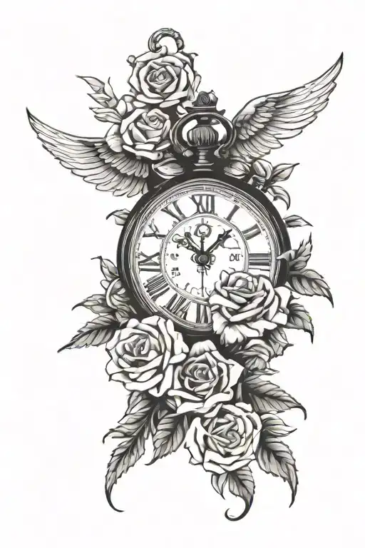 A detailed blackwork tattoo of a clock sitting on roses with an eyeball above it and the angel number 111 tattoo design idea