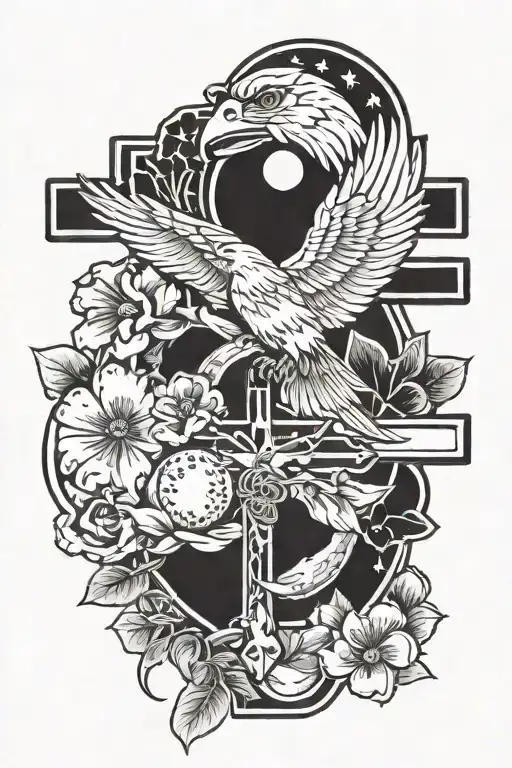 cross with baseball and softball with number 9 inside. Eagle cardinal dragonfly moon and flowers on outside tattoo design idea