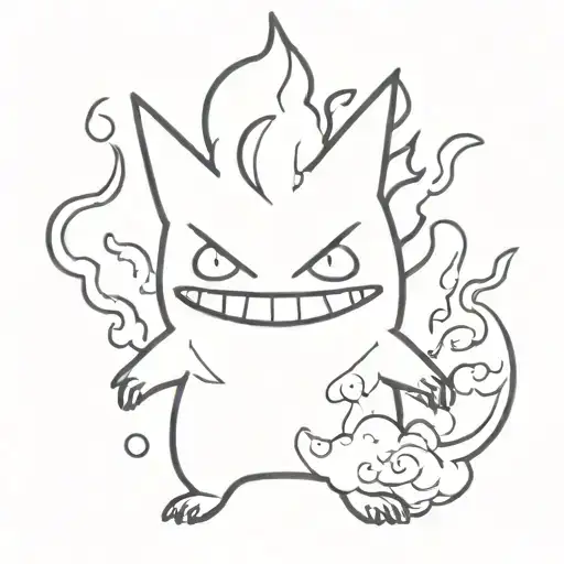 A minimalist design of a Gengar  surrounded by smoke tattoo design idea