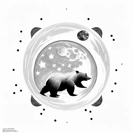 A bear silhouette against a full moon in the night sky with stars and clouds tattoo design idea