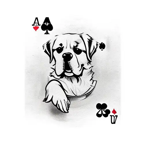 A golden retriever playing poker with a hand of cards featuring dog-themed designs, such as bones and paw prints tattoo design idea