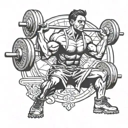 A tattoo design of a Wallachian athlete lifting weights in a gym, with a background of a football field and a subtle nod to history and Christianity tattoo design idea