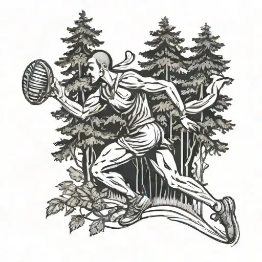 A tattoo design of a tall and skinny orthodox athlete sprinting through a forest, with elements of driving and music incorporated into the scenery tattoo design idea