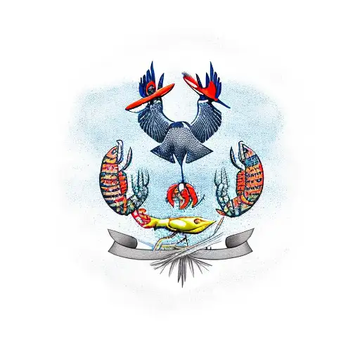 family crest with a loon, lobster, chef's knife, and fish in seaweed tattoo design idea