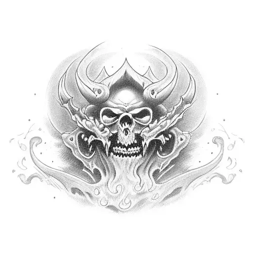 Cara de un demonio con colmillos y una espada  tattoo design idea