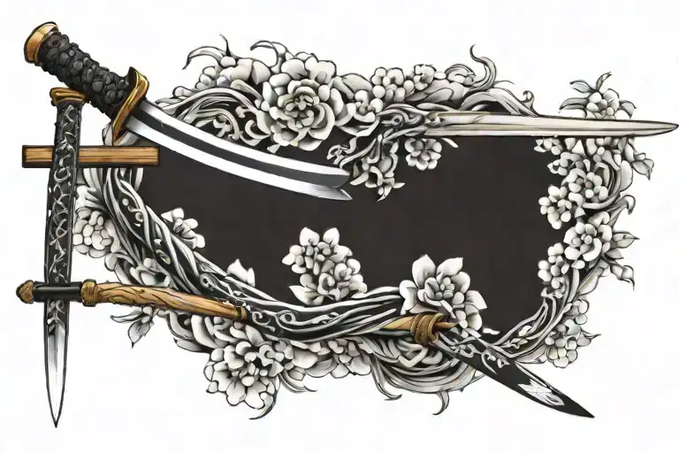 The katana is a traditional Japanese sword known for its curved, slender blade and long grip. Wrapped around its hilt ar tattoo design idea