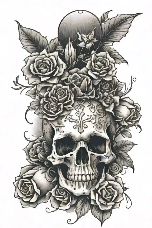 skull surrounded by blooming flowers with dice tattoo design idea