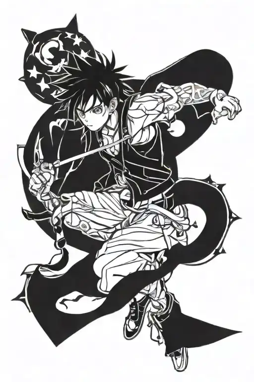 Blackwork tattoo of an anime character with a determined expression, surrounded by symbols of ambition and achievement tattoo design idea