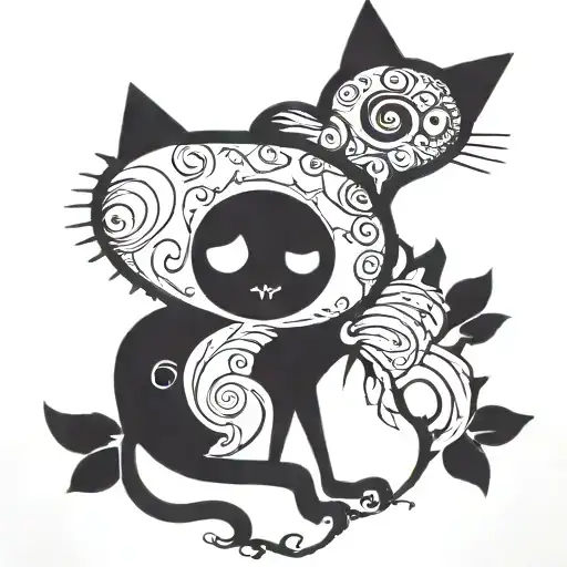 dainty Tim Burton themed tattoo with a black cat over a 13 tattoo design idea