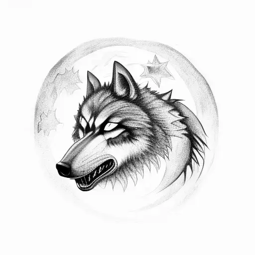 A black-grey tattoo of a lobo guará howling at the moon against a starry night sky tattoo design idea