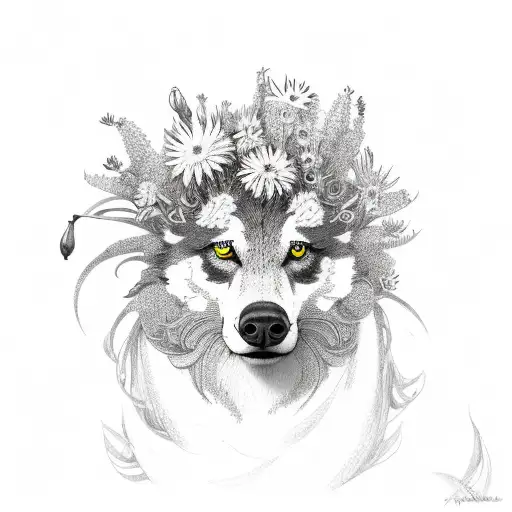 A majestic lobo guará standing amidst a vibrant field of caliandra flowers tattoo design idea