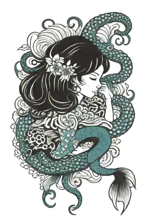 octopus and mermaid holding tattoo design idea