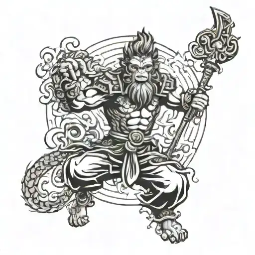 sun wukong with a staff and yin yang symbol surrounded by waves tattoo design idea