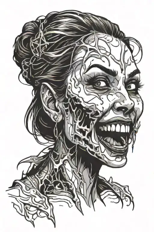 gory bloody beautiful vampire woman face smiling showing fangs  tattoo design idea