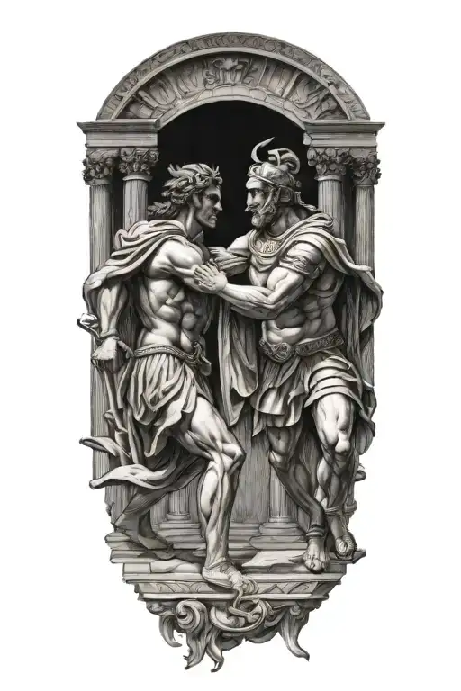 Achilles fighting Hector with Greek architecture tattoo design idea