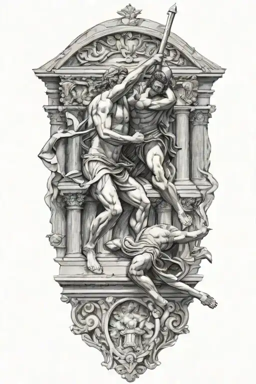 Achilles fighting Hector with Greek architecture tattoo design idea
