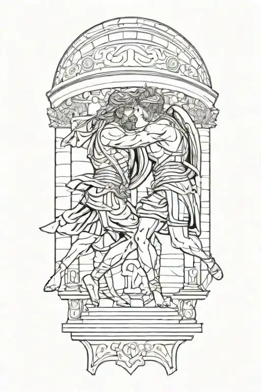 Achilles fighting Hector with Greek architecture tattoo design idea