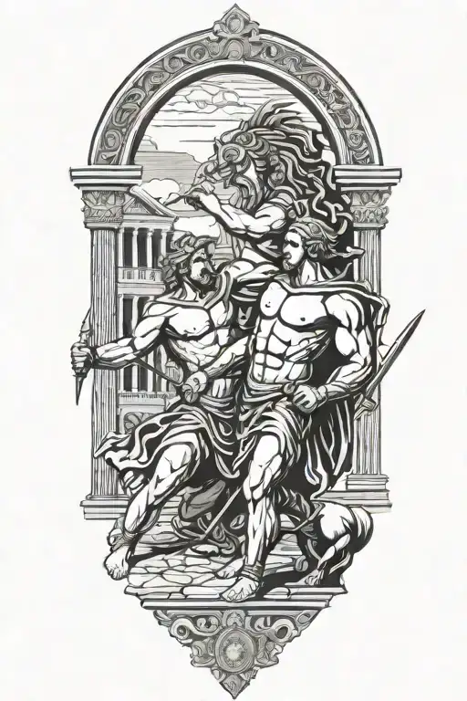 Achilles fighting Hector with Greek architecture tattoo design idea