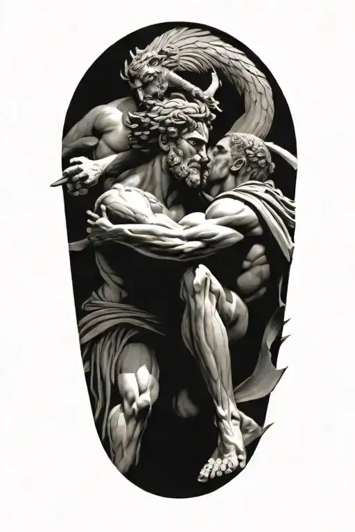 Achilles fighting Hector greek art abstract columns tattoo design idea