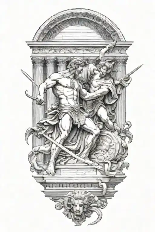 Achilles fighting Hector with Greek architecture tattoo design idea