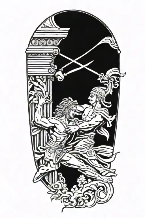 Achilles fighting Hector greek art abstract columns tattoo design idea