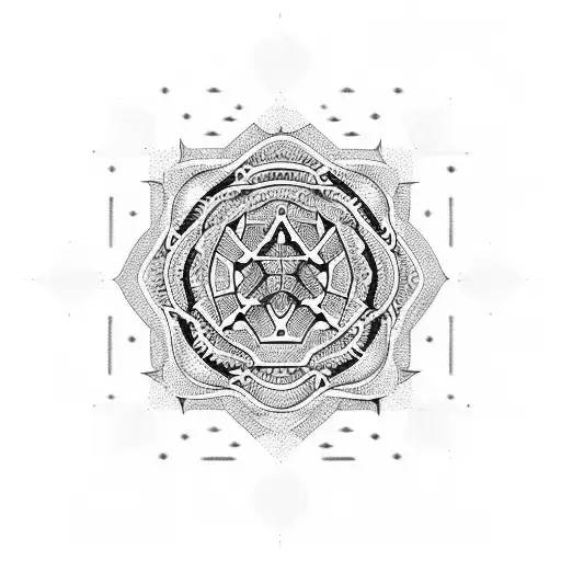 An intricate design featuring geometric patterns and symbols of resilience in a cohesive composition tattoo design idea