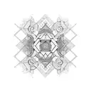 An intricate design featuring geometric patterns and symbols of resilience in a cohesive composition tattoo design idea