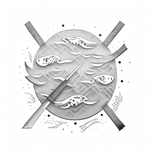 A traditional Japanese knife slicing through a sushi roll tattoo design idea